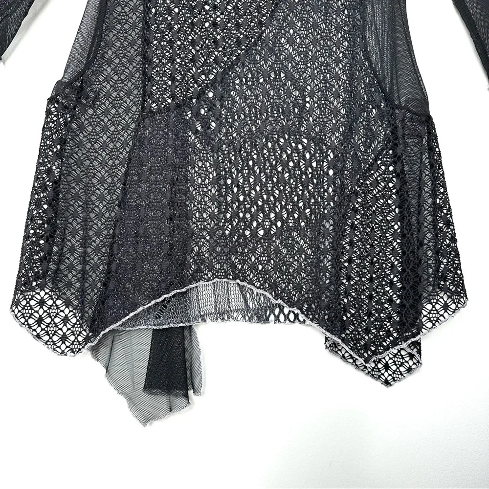 Boho Y2K Black Sheer Crochet Patchwork Whimsigoth Asymmetrical Mixed Media Tunic - Picture 9 of 9